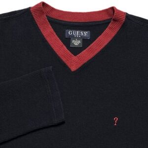 VTG Guess USA Mens V Neck Waffle Knit Sweater Sz Large Black Red Long Sleeve